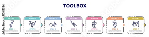toolbox concept infographic design template. included null, pallete, open compass, caulk, tester, ecologic light bulb, open paint bucket icons and 7 option or steps.