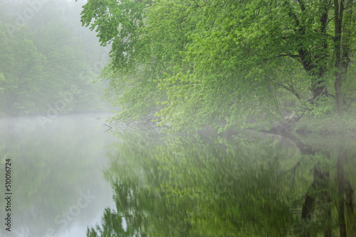 Foggy, spring landscape of the Kalamazoo River, Michigan, USA