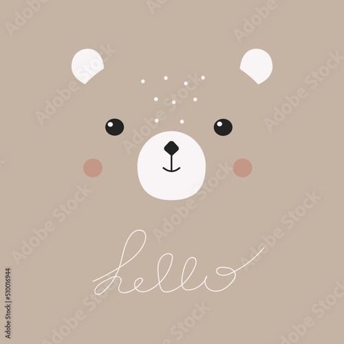 Portrait cartoon bear. Vector illustration cute bear. Simple postcard design, textures, nursery decorations. Baby funny print with animals. Kids background 