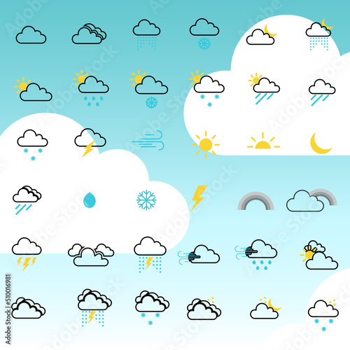  outline Weather Forecast Meteorology Icons Set. Sun, Snow, Cloud, Rain, Storm, Sunrise, Dawn, Moon, Wind. Minimal Flat Pictograms on a Dark Background
