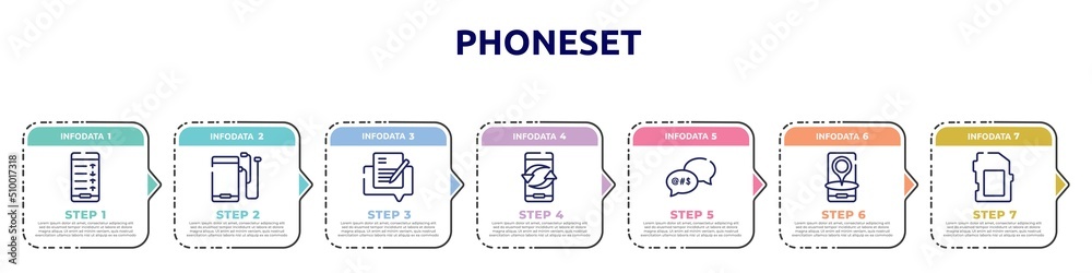 Obraz premium phoneset concept infographic design template. included mobile analytics on screen, mobile phone with auriculars, edit document, exchanging arrows, swearing, phone interface, card black tool shape