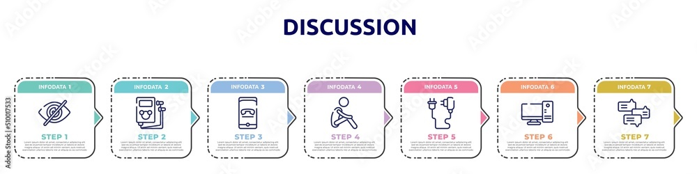 discussion concept infographic design template. included hide, , hang, lonely, phone charger, desktop computer, debate icons and 7 option or steps.