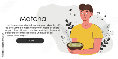 Adorable website page with Matcha. Hand draw green drink website idea. Japanese tea culture. Matcha latte is a healthy drink.Coffee shop main page in greenish colors. Matcha powder drawing for your we