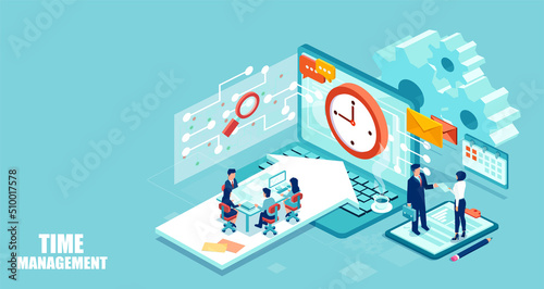 Vector of business people managing online business and time efficiently