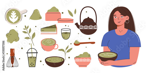 Matcha green tea is served and drunk by a young woman. Japanese tea culture. Matcha latte is a healthy drink. Big set of various matcha tea products.  Hand-drawn vector color fashion illustration.