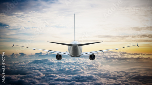 Commercial airplane in the sky flying above the clouds. 3D illustration