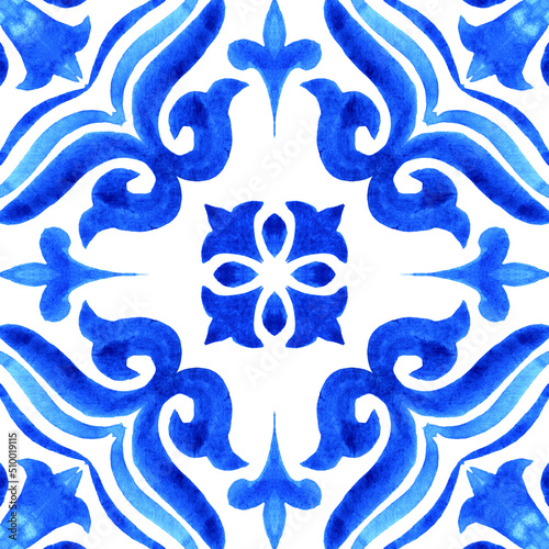 Azulejos - Portuguese tile blue watercolor pattern. Traditional ornament.