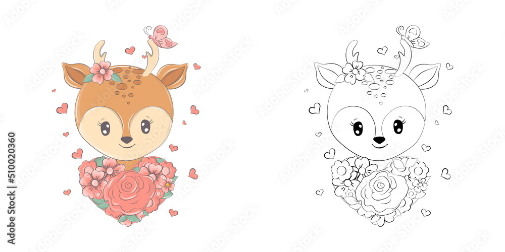 Cute Deer Clipart for Coloring Page and Illustration. Happy Clip Art Deer with Flower Bouquet. Vector Illustration of an Animal for Stickers, Prints for Clothes, Baby Shower, Coloring Pages