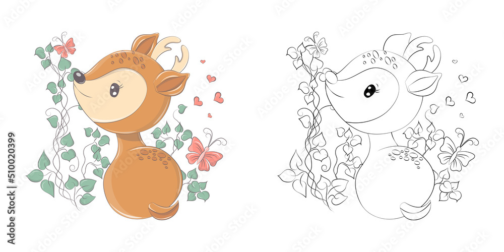 Deer Clipart for Coloring Page and Multicolored Illustration. Baby Clip Art Deer on the Background of Leaves. Vector Illustration of an Animal for Coloring Pages, Prints for Clothes, Stickers
