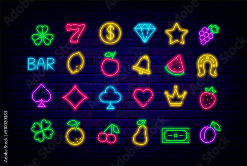 Casino neon icons bundle. Slot machine signs. Poker and gambling element. Vector stock illustration
