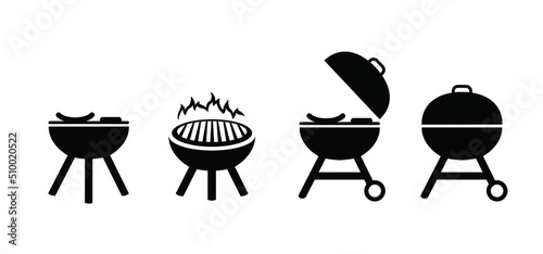 Cartoon bbq and sausage, bratwurst and burgers. Vector barbecuing, food icon or pictogram. BBQ Grill tools symbol. Menu concept of unhealthy lifestyle. BBQ time and party