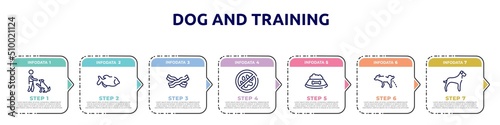 dog and training concept infographic design template. included man and dog, big piranha, null, no animals, dog food, urinating, great dane icons and 7 option or steps.