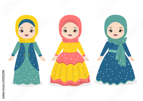 a set of cute cartoon muslim girls in beautiful dress