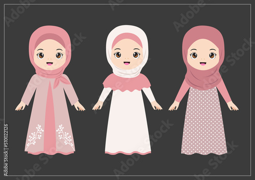 a set of cute hijab girls in beautiful dress