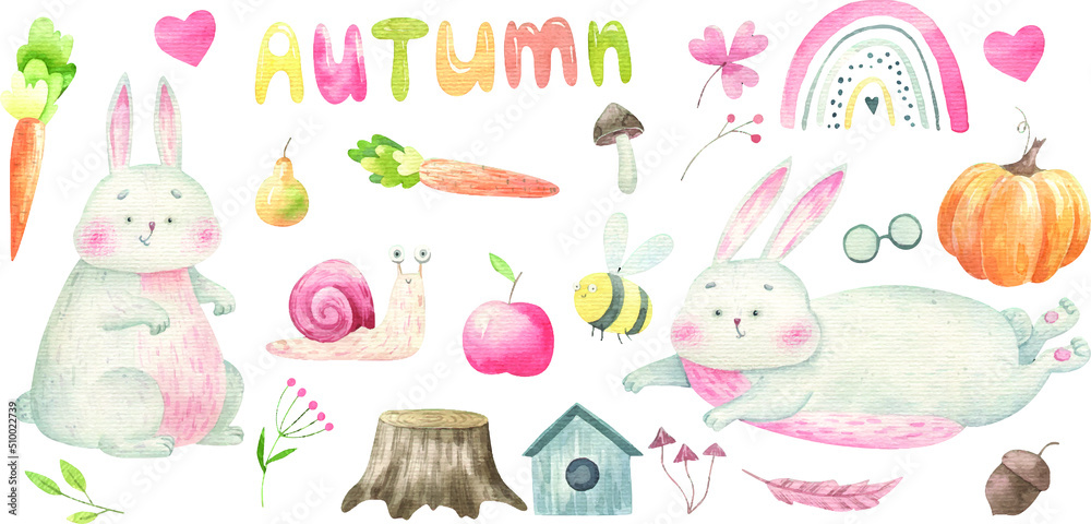 clipart with autumn elements, bunnies and vegetables, fruits, cute watercolor illustration isolated on white background