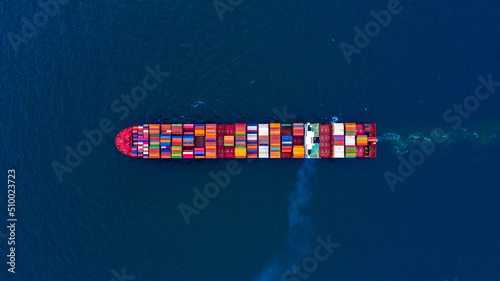 Aerial view container ship at terminal commercial seaport freight shipping maritime vessel, Global business supply chain import export logistic transportation oversea worldwide by container cargo ship photo