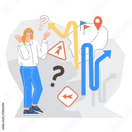 Woman among crossroad and direction signs as metaphor of choice of development and career. Strategy for personal and professional growth, flat flat vector illustration isolated on white background.