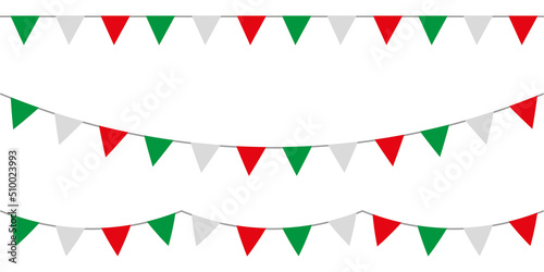 Green white and red. Multicolored party garlands with pennants. Vector buntings set.