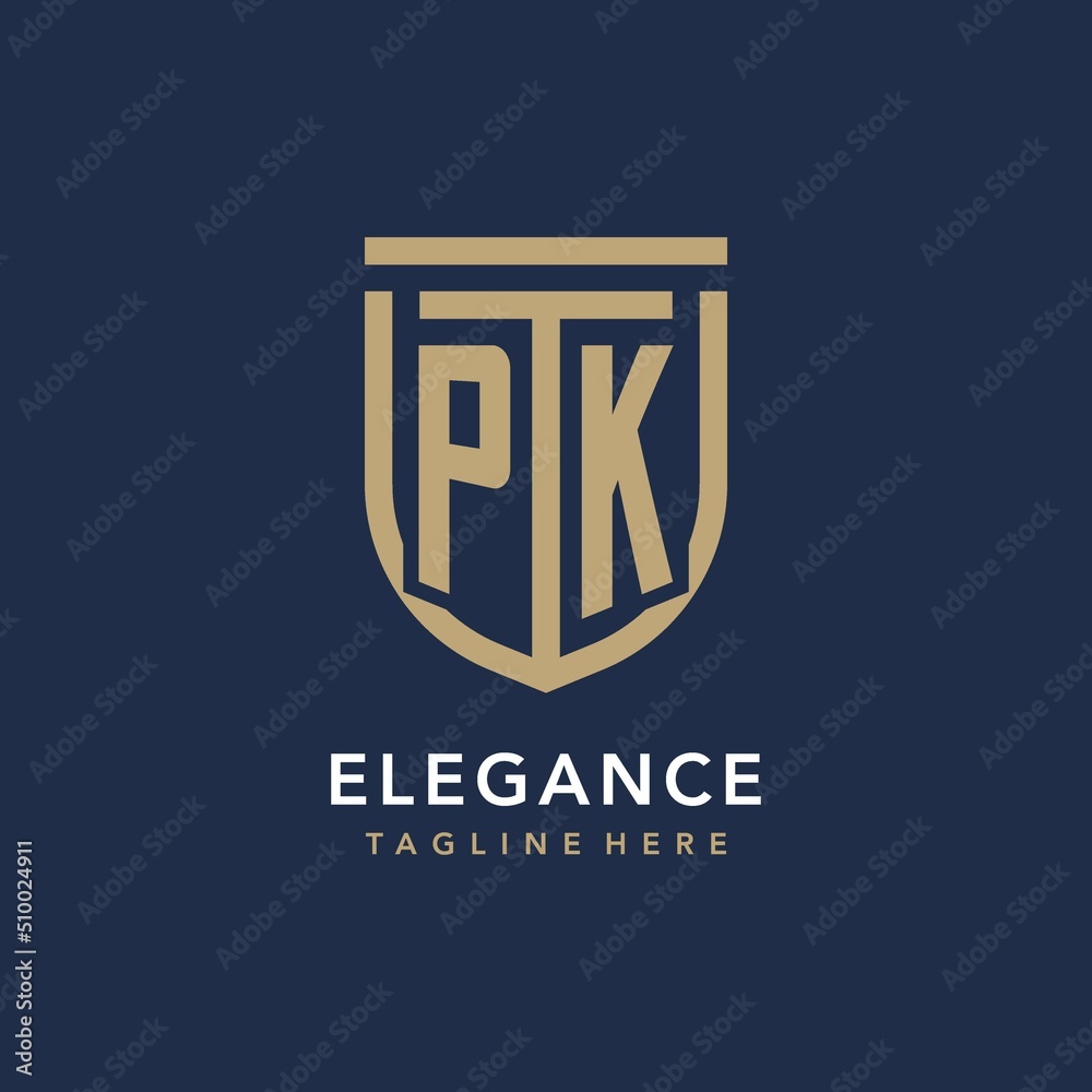 Letter PK shield logo style, luxury and elegant monogram logo design with gold color and dark background - obrazy, fototapety, plakaty 