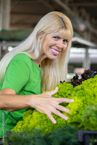 Senior blonde woman picking up fresh salad for lunch.
Organic food stock photo