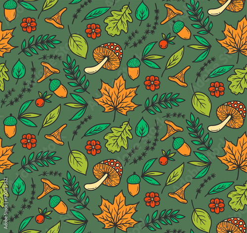 Nature foliage autumn colorful line seamless vector pattern