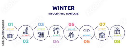 winter concept infographic design template. included heater, themos flask, ski equiptment, candy cane, fir, snow goggle, chalet, ski lift icons and 8 option or steps.