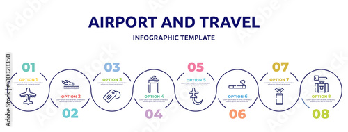 airport and travel concept infographic design template. included airliner, plane landing, luggage tag, metal detector gate, planes circling, smoking, smartphone with wifi, left luggage icons and 8