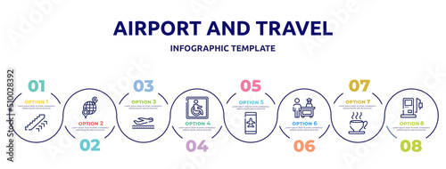 airport and travel concept infographic design template. included ors up, international location, takeoff the plane, wheelchair accessible, smartphone airplane mode, customs control, teacup, gas