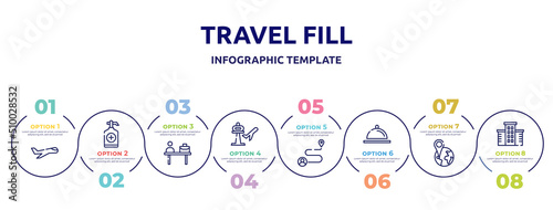 travel fill concept infographic design template. included aviation, sanitizer, check in desk, airport, journey, covered food plate, position, hotel icons and 8 option or steps.