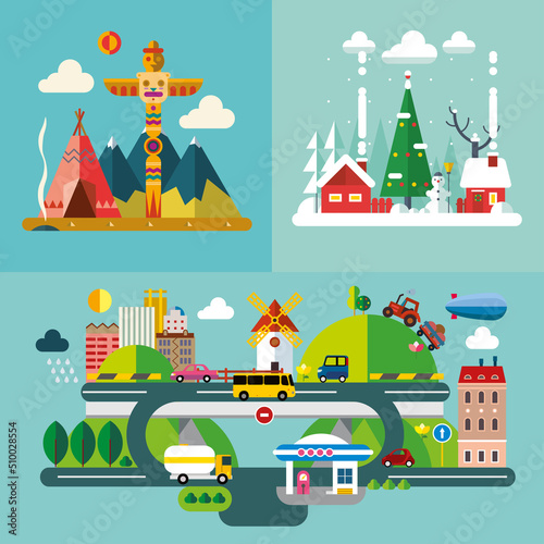Set of different landscapes in the flat style - urban, rural, country, fabulous, city, mountain, travel.