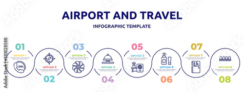 airport and travel concept infographic design template. included 24 hours phone attention service, round compass, ventilation, hotel bell ringing, passport control, toiletries, prayer room, waiting