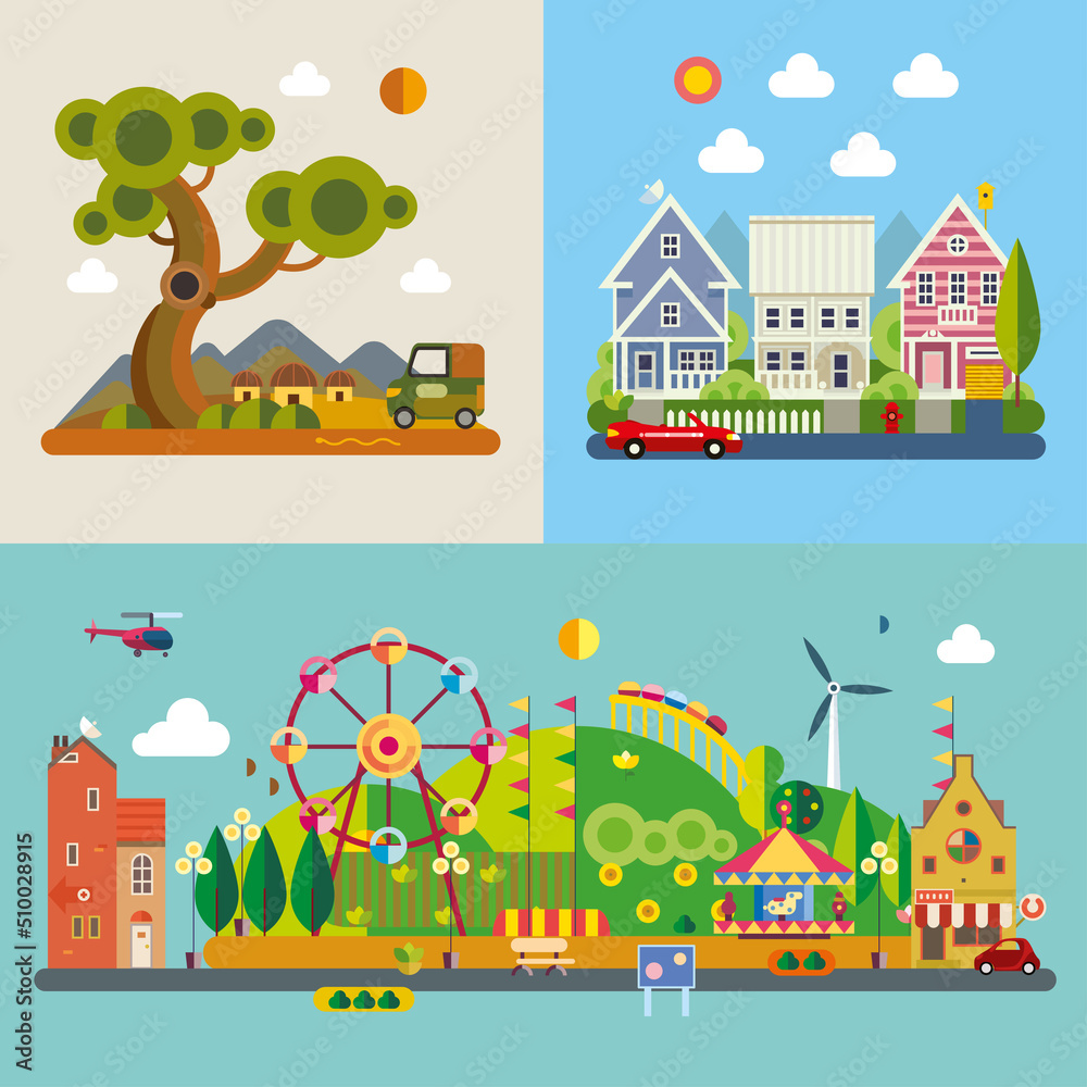 Modern flat design conceptual illustration. Amusement park, forest and residential complex.