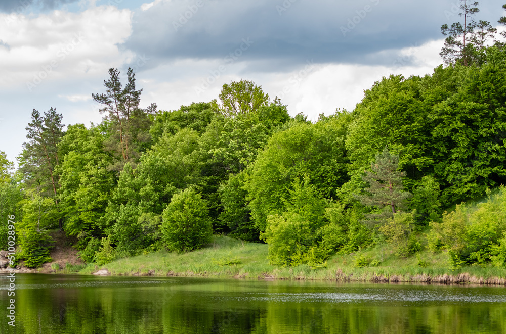 Picturesque shore of lake with bright greenery against background of cloudy sky