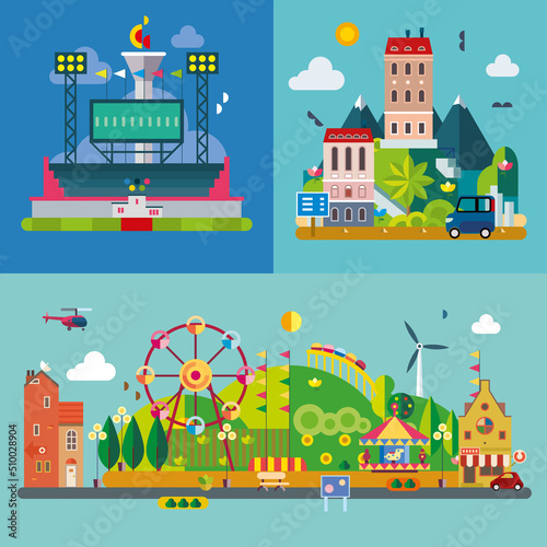 Modern flat design conceptual illustration. Amusement park, olympic stadium and city.