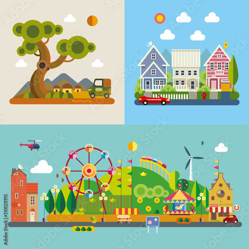 Modern flat design conceptual illustration. Amusement park, forest and residential complex.