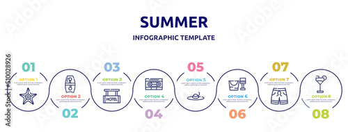 summer concept infographic design template. included sea star, bodyboard, hotel hanging, caste, summer hat, sand bucket and shovel, swimming trunks, refreshing cold drink icons and 8 option or