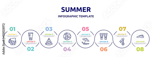 summer concept infographic design template. included sangria, sunscreen, slice of melon, beach volleyball, beach chair, fins, summer temperature, ocean icons and 8 option or steps.