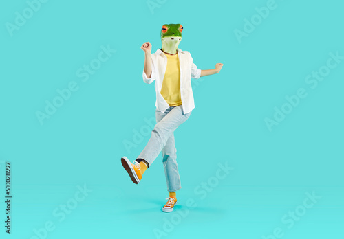 Fotografi Full length shot of strange woman in funny animal disguise having fun in studio