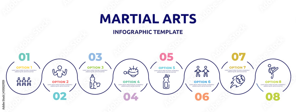martial arts concept infographic design template. included football team, bodybuilder, food and drink, ringer, sport bottle, body mass index, home run, master icons and 8 option or steps. martial arts concept infographic design template. included football team, bodybuilder, food and drink, ringer, sport bottle, body mass index, home run, master icons and 8 option or steps.