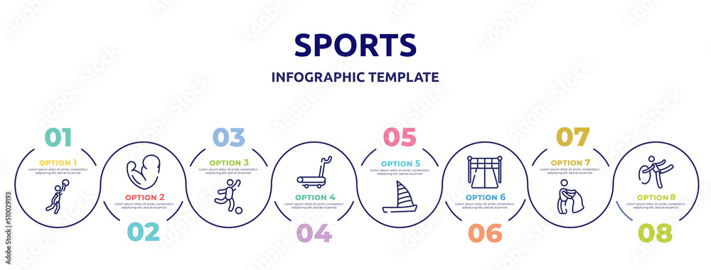 sports concept infographic design template. included team player, muscles, soccer game, treadmill hine, catamaran, starting point, bullfight, rhythmic gymnastics icons and 8 option or steps.