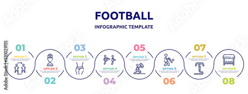 football concept infographic design template. included substitute, football trophy, slim body, disciple, kitesurfing, batter, grappling hook, team bench icons and 8 option or steps.