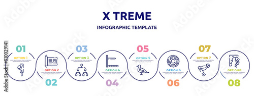 x treme concept infographic design template. included crocket, sacred scriptures, playoff, diving board, seagulls, sprocket, battered ball, abseiling icons and 8 option or steps.