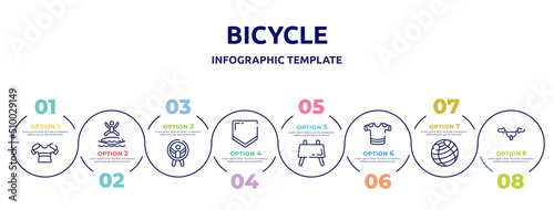 bicycle concept infographic design template. included armour, blobbing, zorbing, home plate, buck, t-shirts, fitness ball, handlebar icons and 8 option or steps.