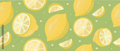 Bright lemon vector background in green and yellow colors. Summer bright tropical fruit pattern.
