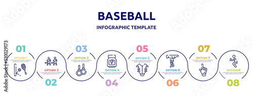 baseball concept infographic design template. included squash, home team, gymnastic rings, whey protein, chest protection, rappel, foam hand, catcher icons and 8 option or steps.