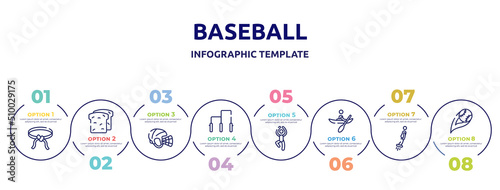 baseball concept infographic design template. included belts, whole wheat bread, hockey helmet, gym bars, yoga pose, kayaking, flyboard, strike icons and 8 option or steps.