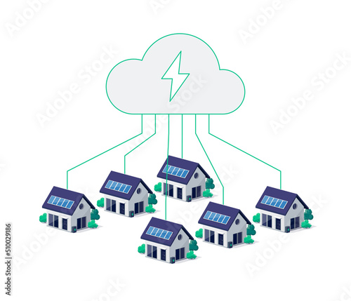 Home virtual power plant battery energy storage with residential house photovoltaic solar panels on roof and rechargeable li-ion electricity backup. Renewable smart cloud management off-grid system.