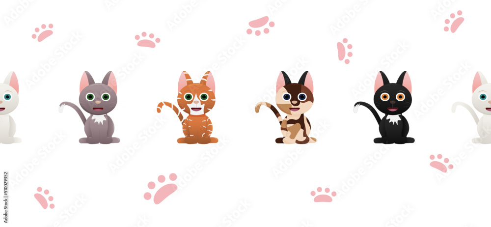 Seamless border with cartoon kittens (cats). Vector image Isolated on transparent background.