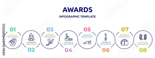 awards concept infographic design template. included baseball ball, horsewoman, hang glider, farming and gardening, drag racing, dive knife, mph, laurel wreath icons and 8 option or steps.