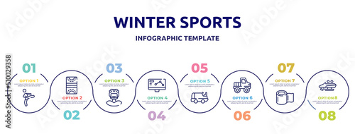 winter sports concept infographic design template. included kicking, hockey pitch, rugby player, telemetry, ice resurfacer, off road, null, bobsled icons and 8 option or steps.